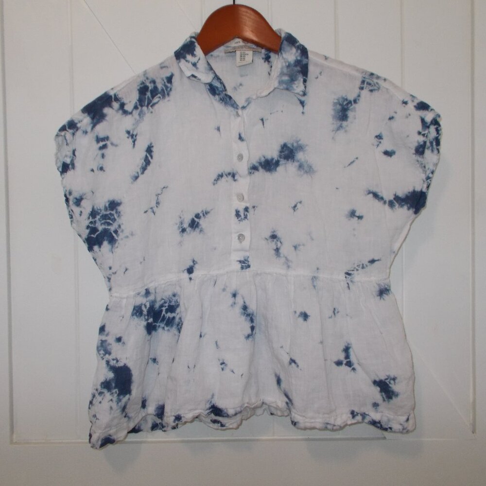 Rachel Zoe 100% Linen Tie Dye Shirt Top Blue & White Ruffle‎ Hem Women's XS